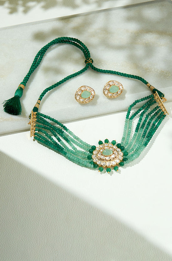 Load image into Gallery viewer, Multi Shaded Green Polki Choker Set
