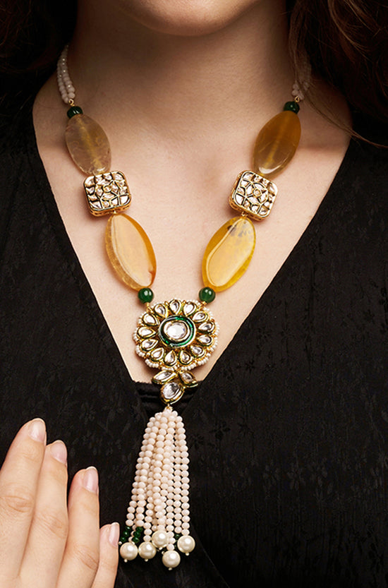 Load image into Gallery viewer, Kundan Polki Necklace With Yellow Agate
