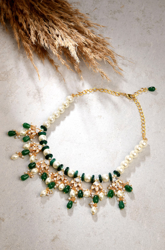 White & Green Necklace With Kundan Polki