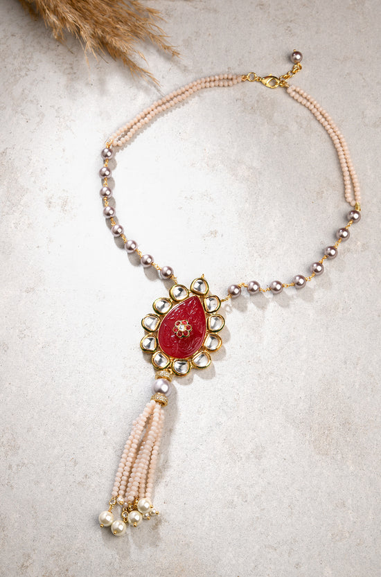 Red Agate Pendant With Pearl Necklace