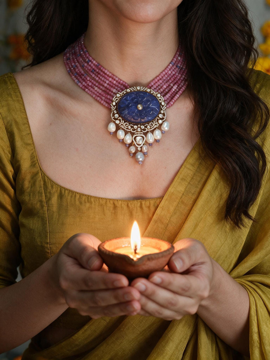 Lavender Bead & Lapis Lazuli Pendant Necklace Set