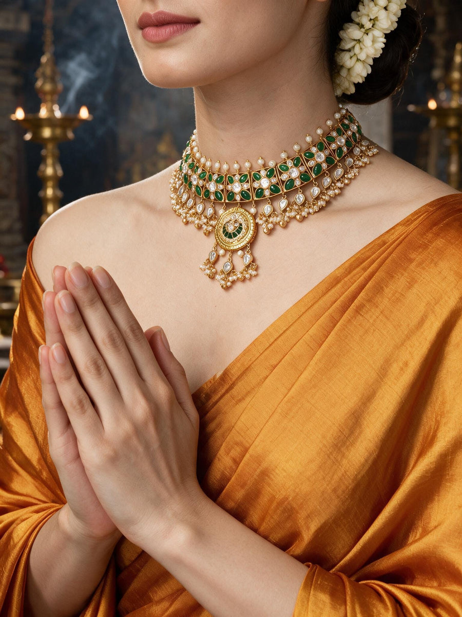Green stone Kundan Necklace  Set with Pearl Drops