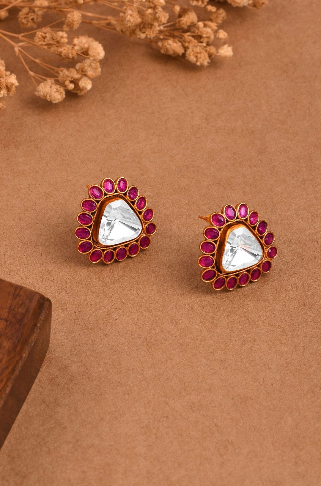Pink Edge Triangle Polki Stud Earrings - Joules by Radhika 
