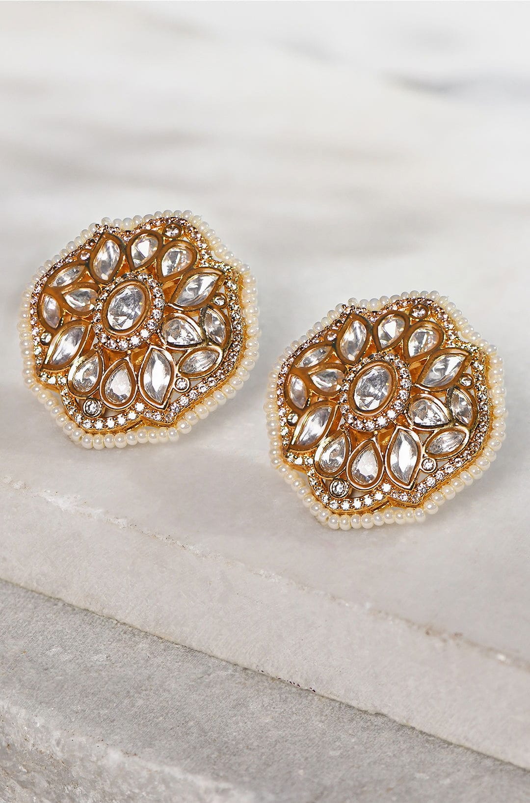Polki Stud Earrings With Pearls - Joules by Radhika 