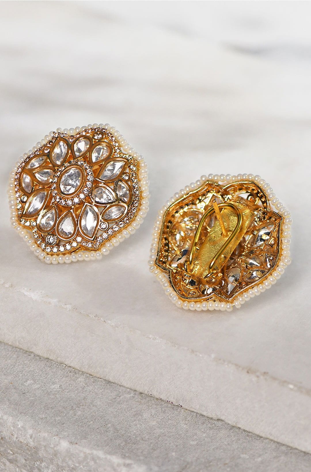 Polki Stud Earrings With Pearls - Joules by Radhika 