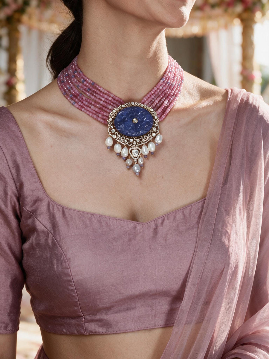 Lavender Bead & Lapis Lazuli Pendant Necklace Set