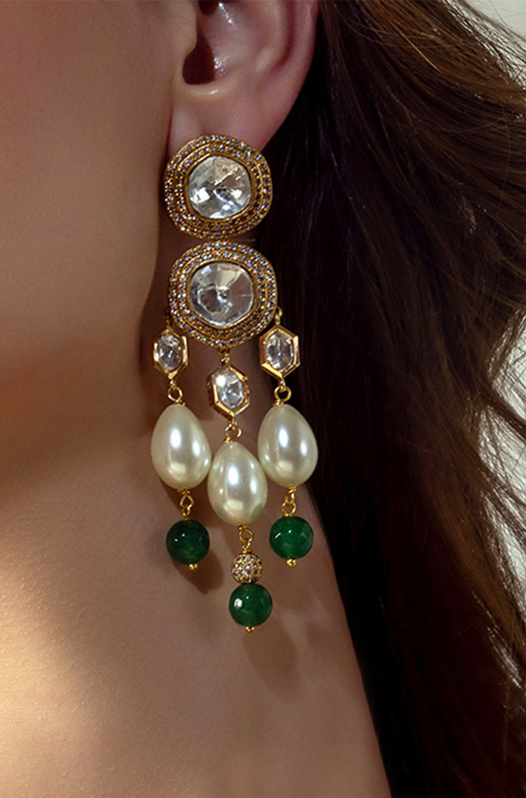 Green Jades & Pearls Dangler Earring