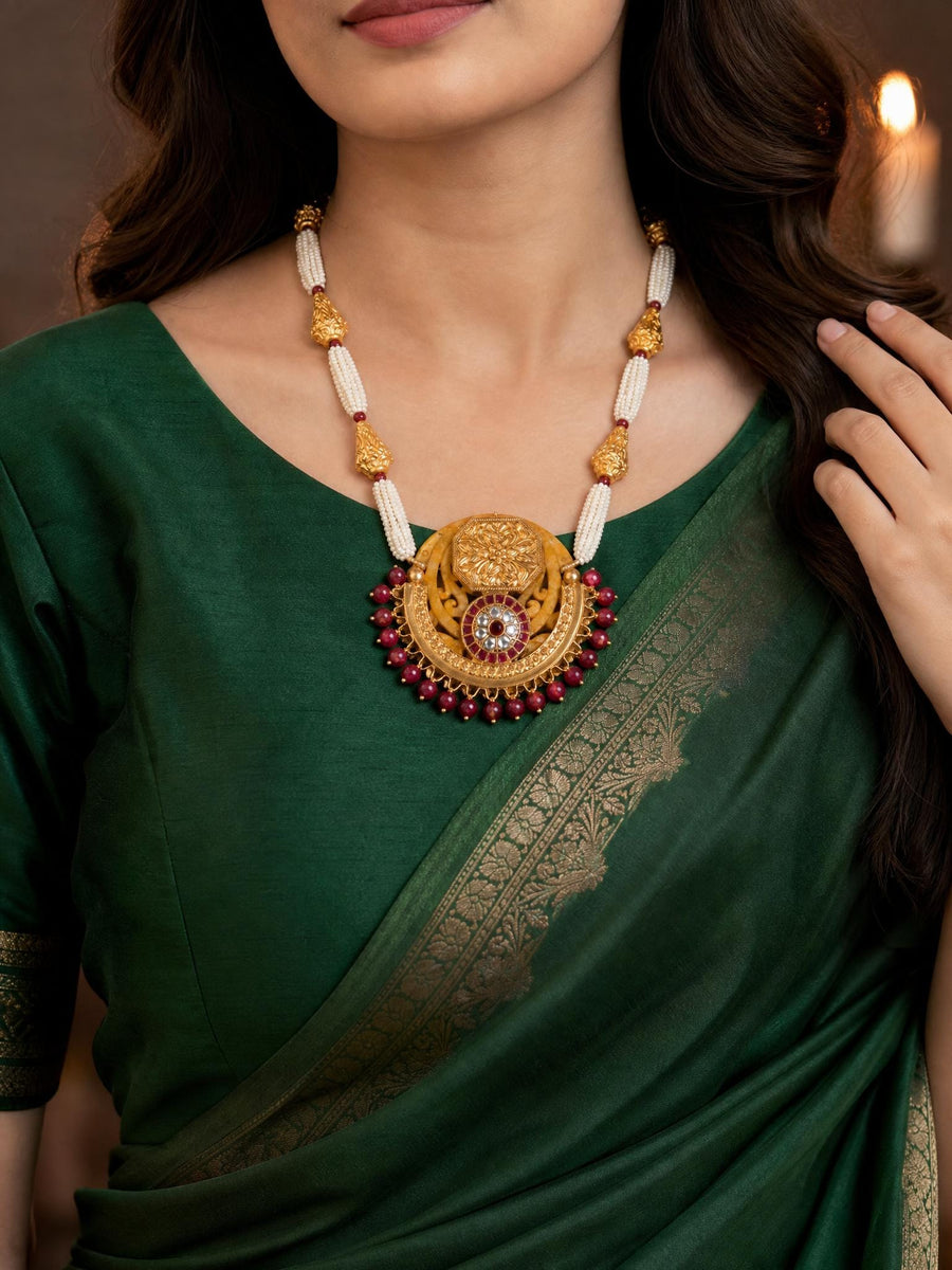 Gold Plated Medallion & Pearl Long Necklace Set