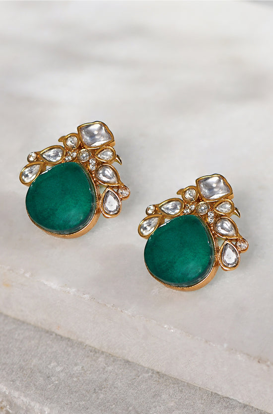 Polki Stud Earrings With Green Onyx