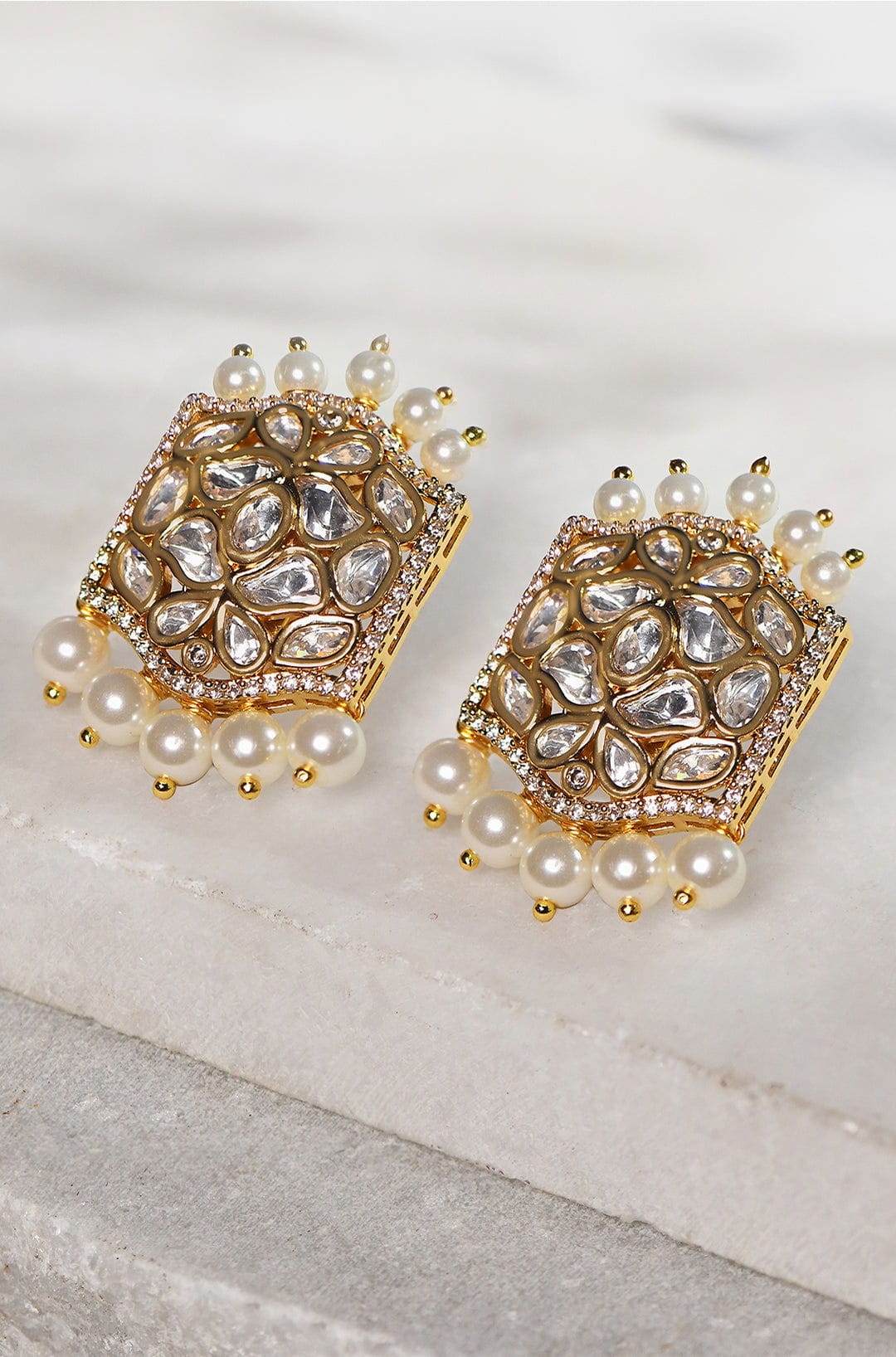 Stud Earrings With Polki And Pearls - Joules by Radhika 