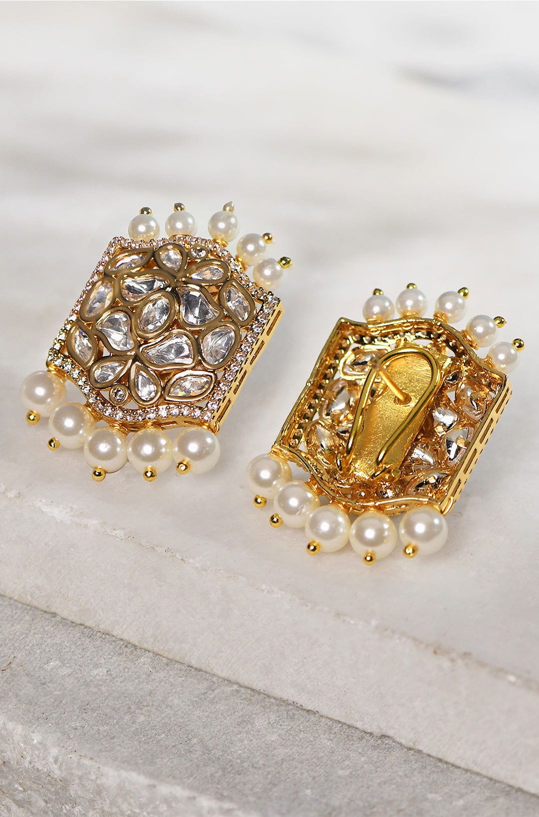 Stud Earrings With Polki And Pearls - Joules by Radhika 