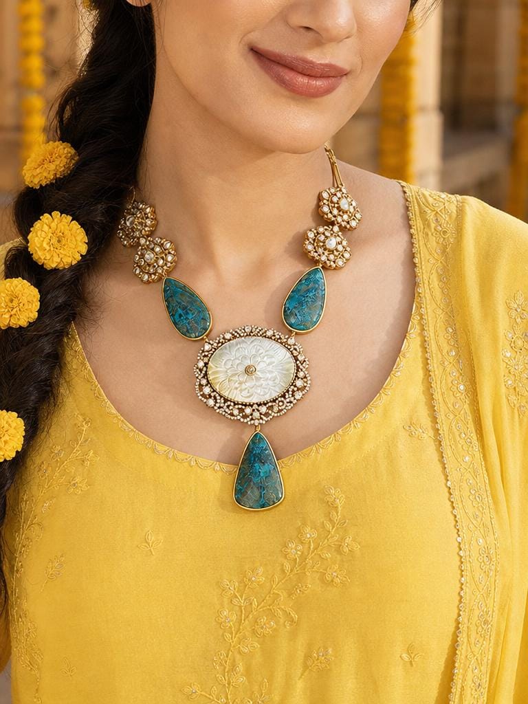 Light blue Carved Stone Long Necklace Set
