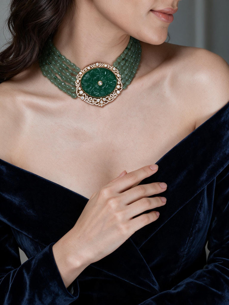 Jahnavi Emerald Polki Necklace Set