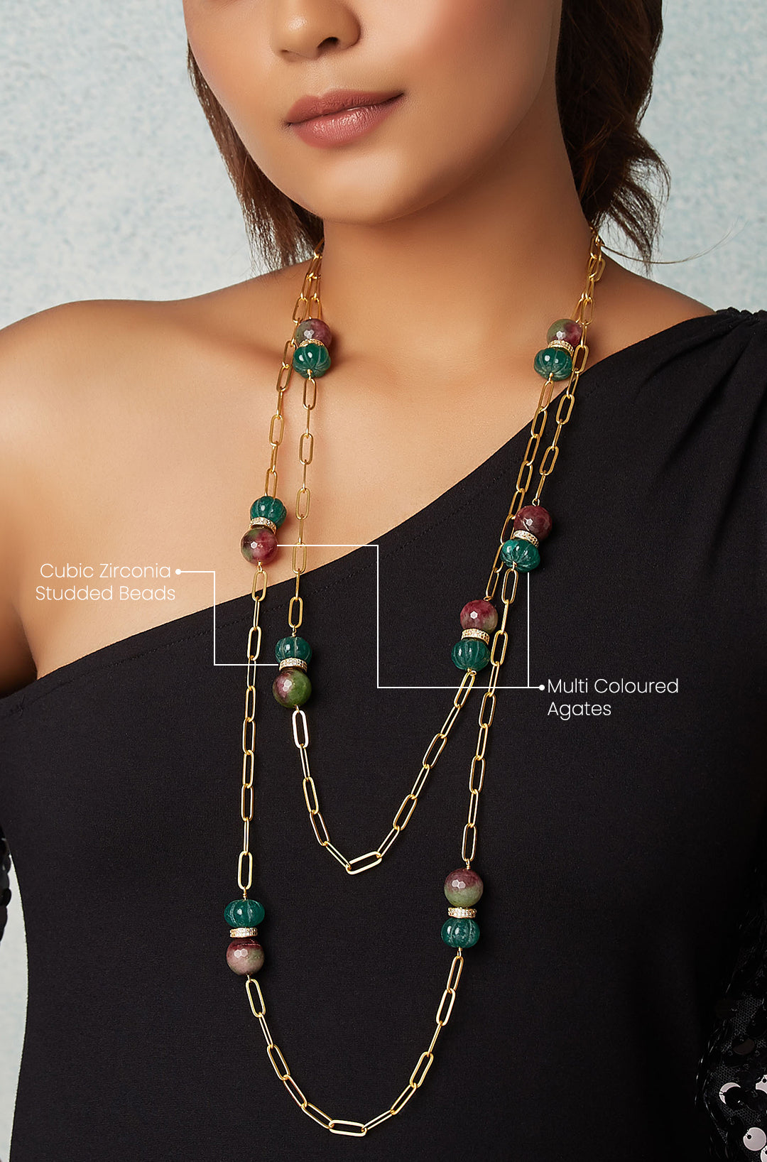 Load image into Gallery viewer, Gold Tone Layered Necklace With Multi-Colour Agates - Joules by Radhika

