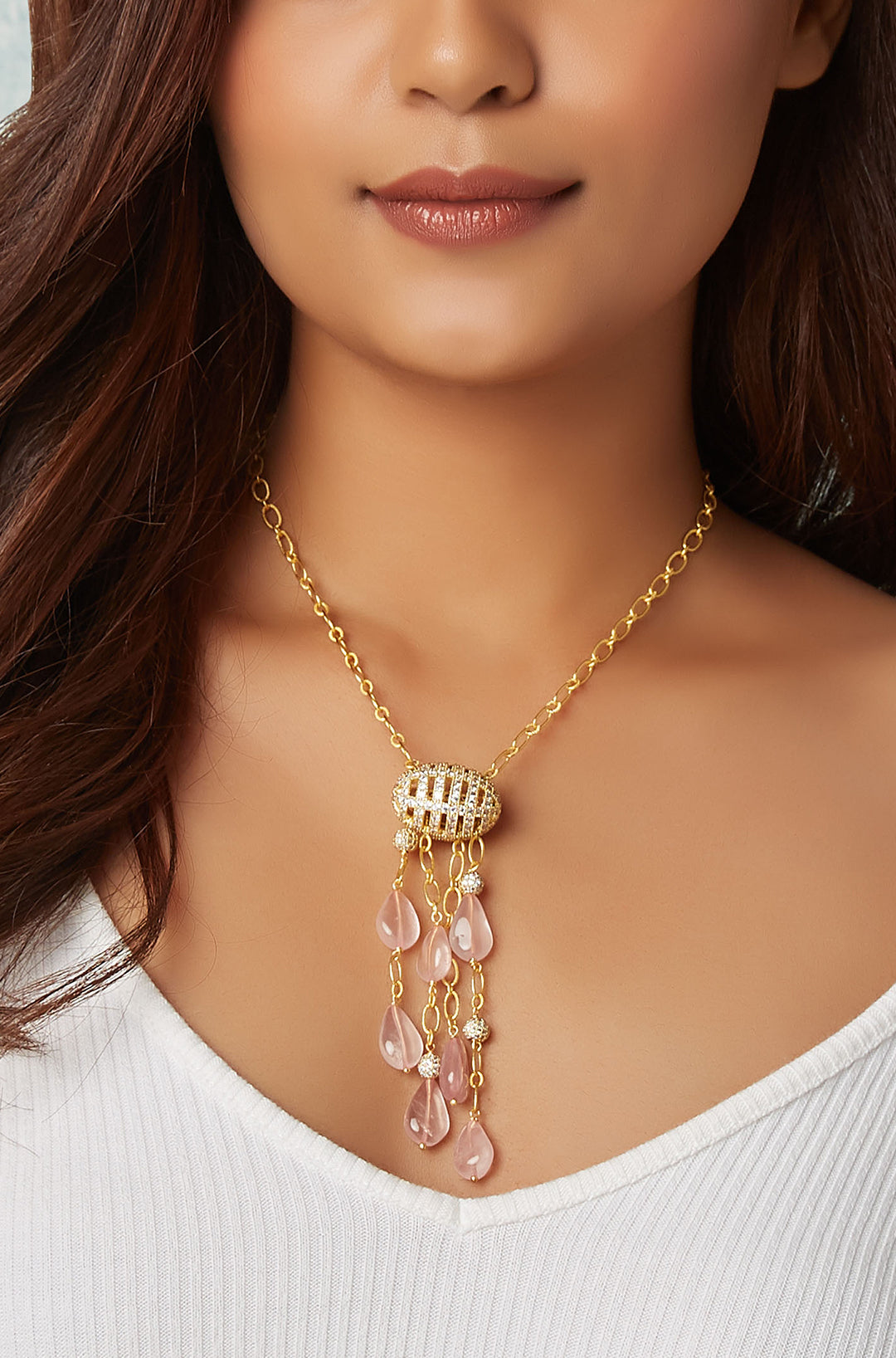 Tasseled Necklace With Pink Rose Quartz - Joules by Radhika