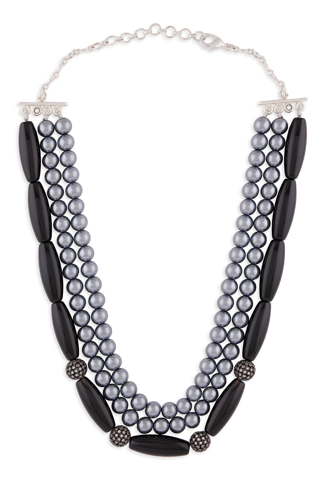 Black Onyx Layered Necklace With Grey Pearls - Joules by Radhika