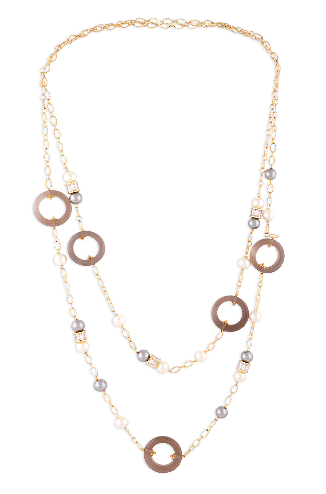 Grey Agate Rings Layered Necklace With Multi-Colour Pearls - Joules by Radhika