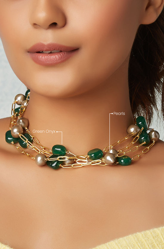 Green Onyx Multi Layered Necklace With Golden Pearls - Joules by Radhika