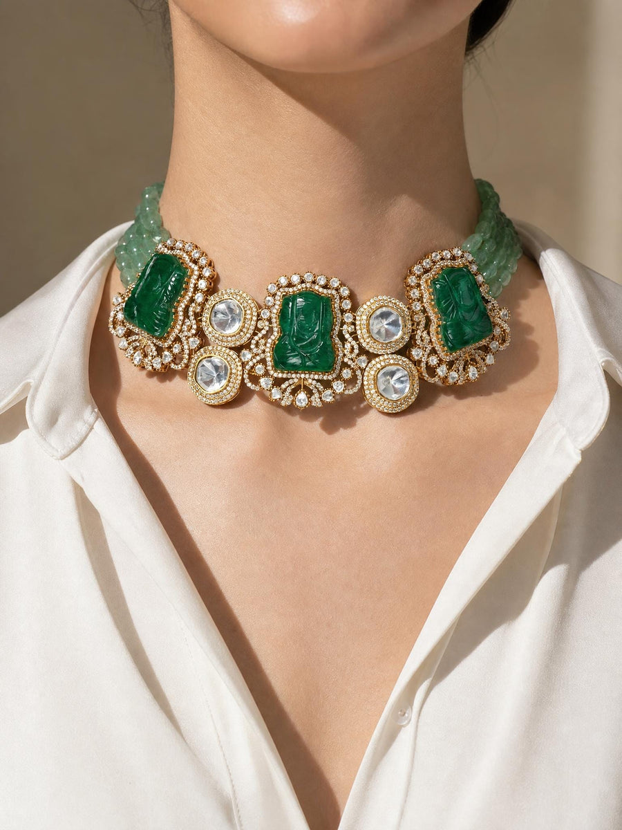 Mint Green Bead & Carved Green Stone Necklace Set