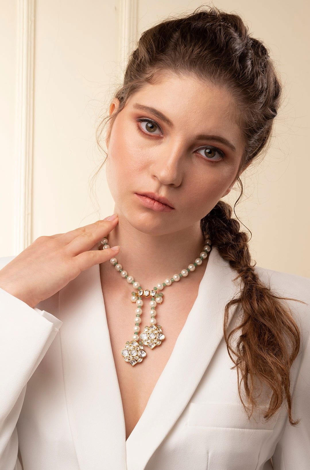 White & Green Long Necklace - Joules by Radhika 