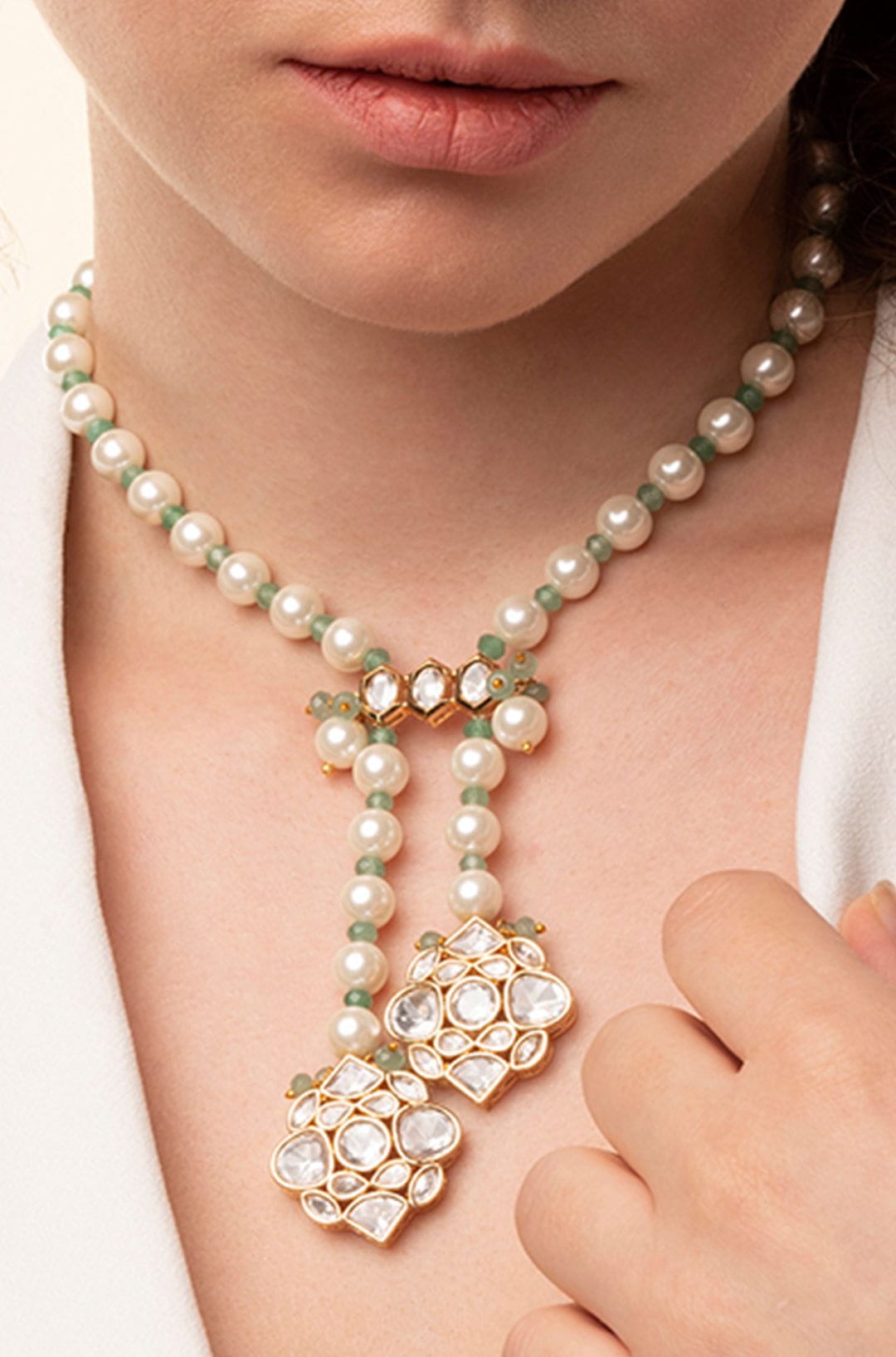 White & Green Long Necklace - Joules by Radhika 