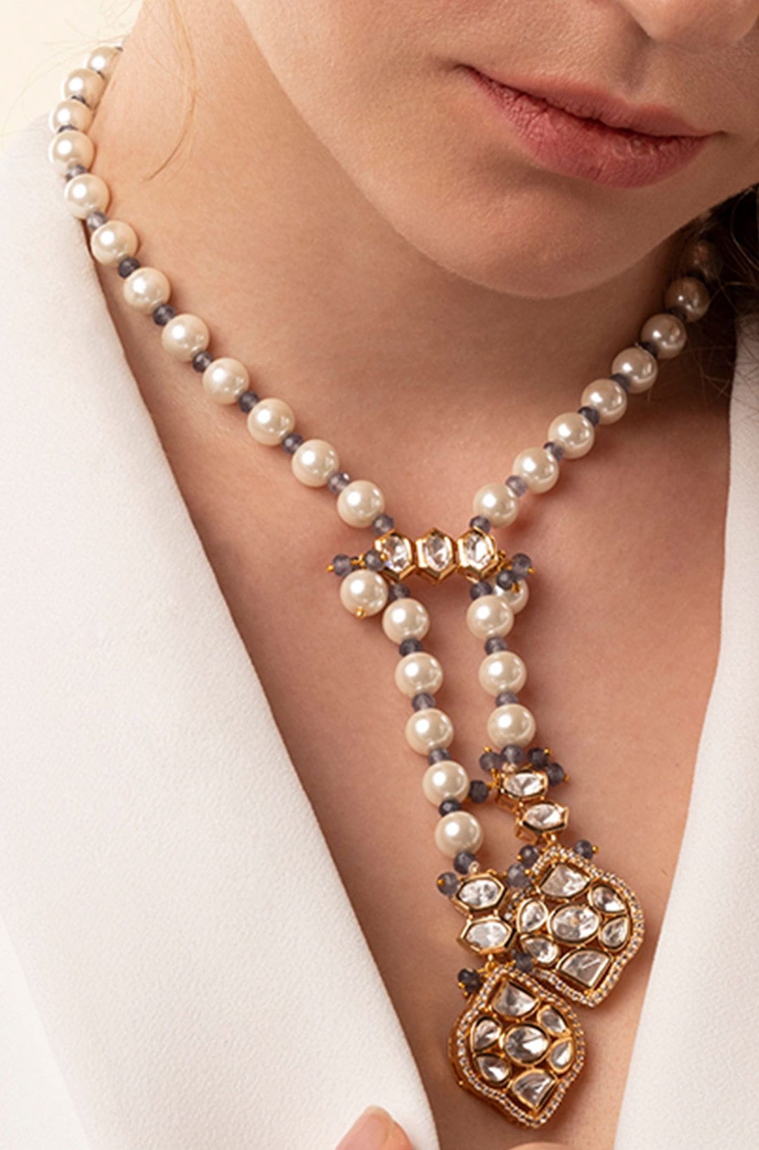 White Pearl Long Necklace With Polki - Joules by Radhika 