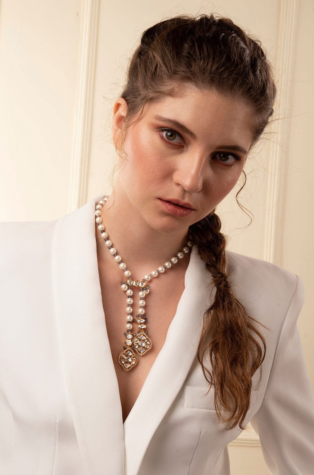 White Pearl Long Necklace With Polki - Joules by Radhika 