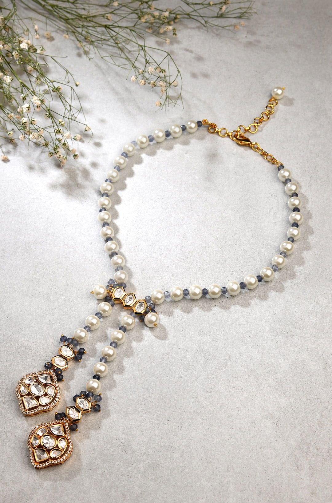 White Pearl Long Necklace With Polki - Joules by Radhika 