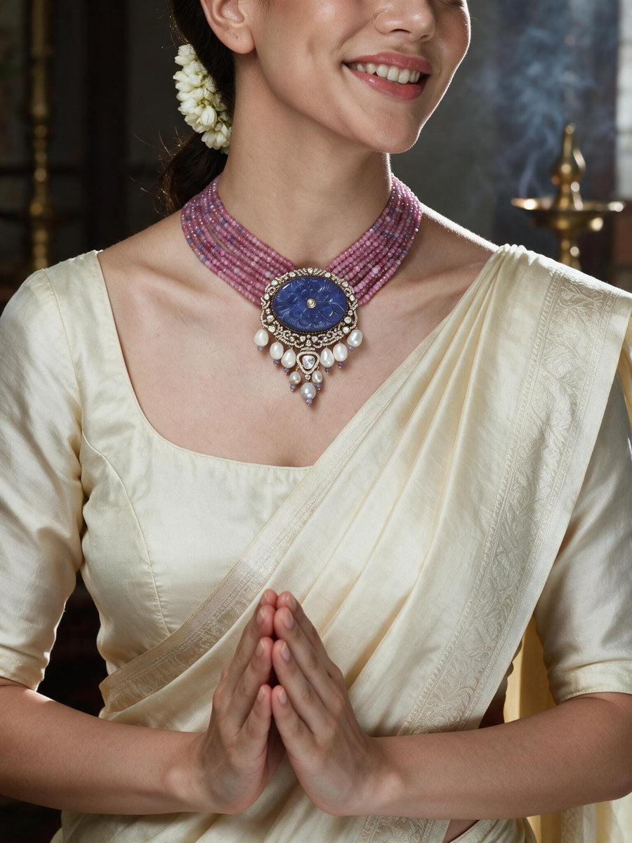 Lavender Bead & Lapis Lazuli Pendant Necklace Set