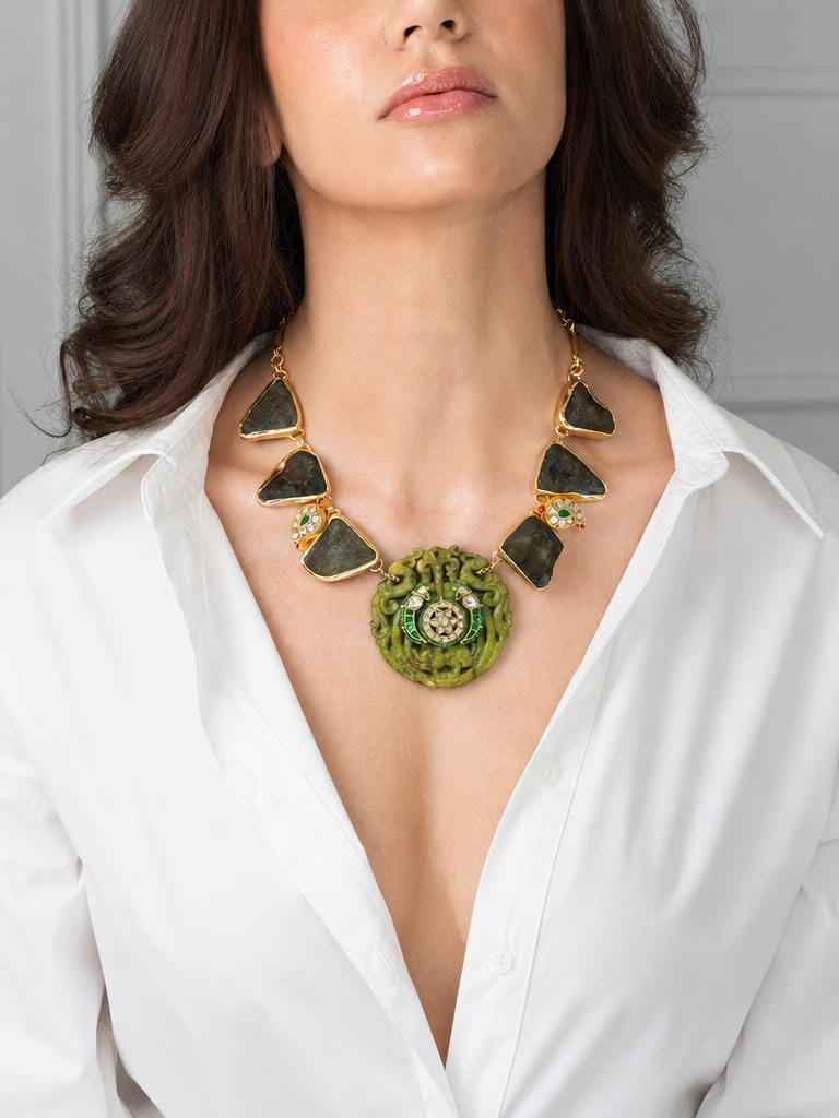 Intricate Mint Green & Stone Long Necklace