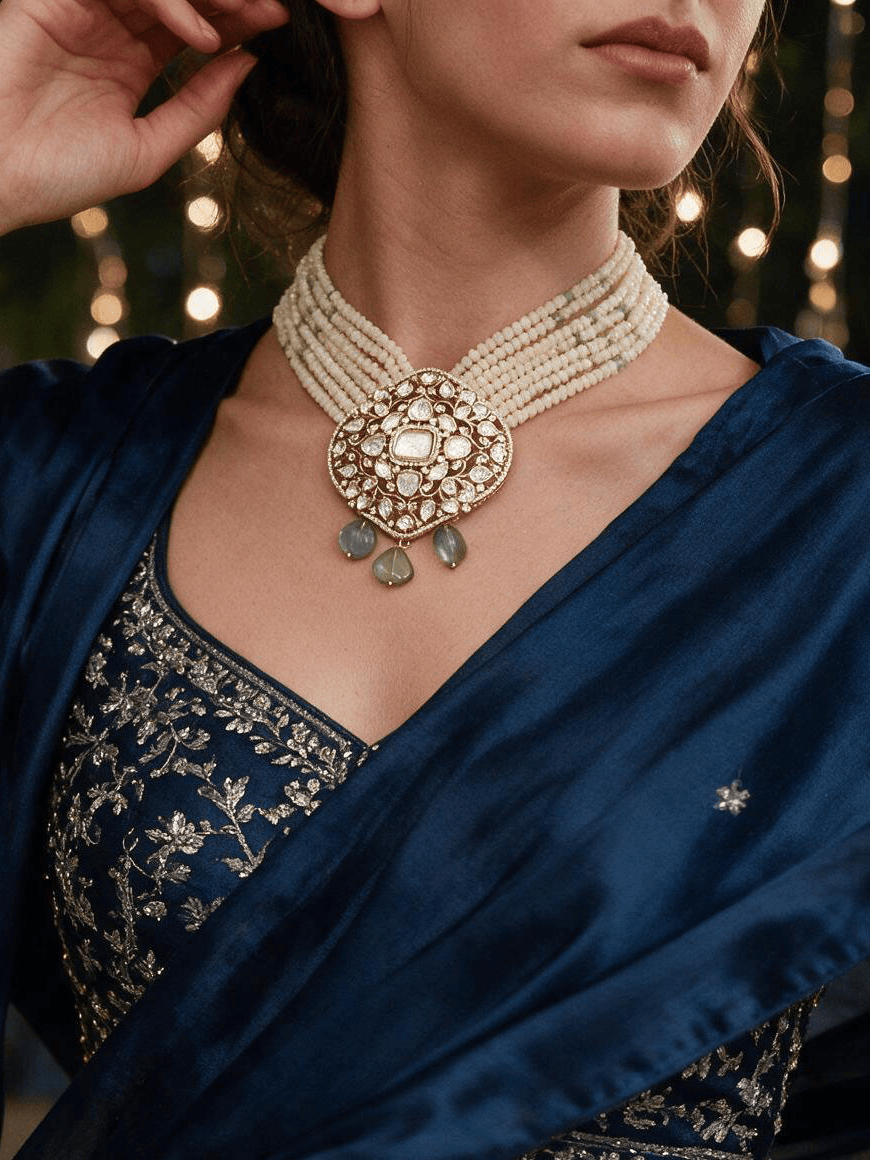 Cream Polki Bead Necklace Set