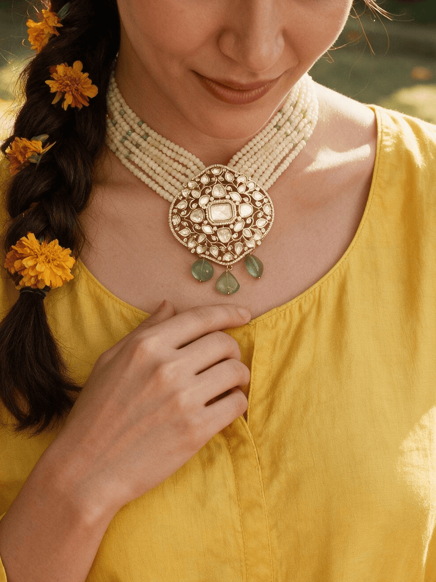 Cream Polki Bead Necklace Set