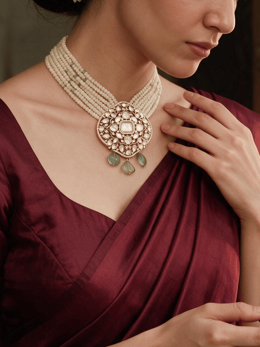 Cream Polki Bead Necklace Set
