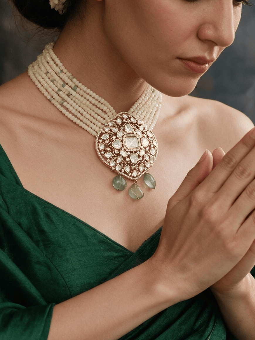 Cream Polki Bead Necklace Set