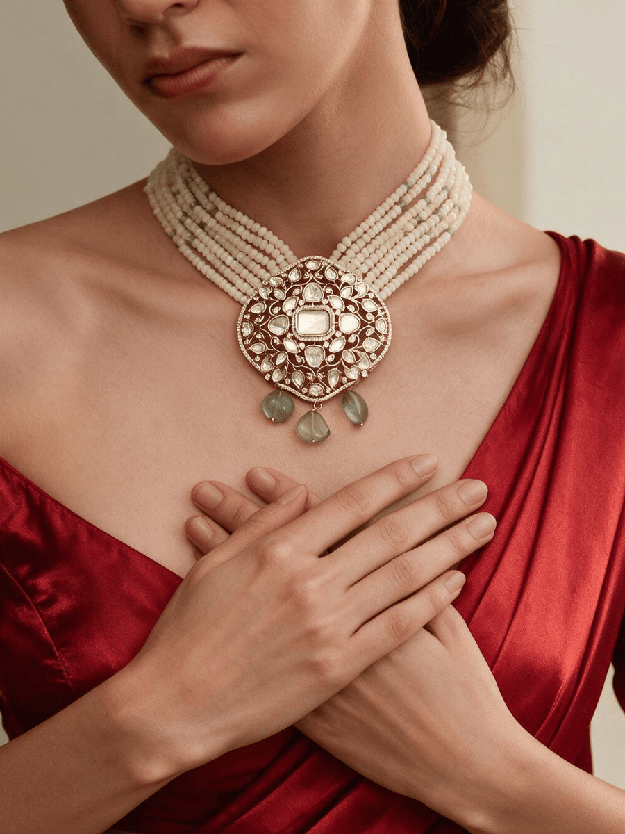 Cream Polki Bead Necklace Set
