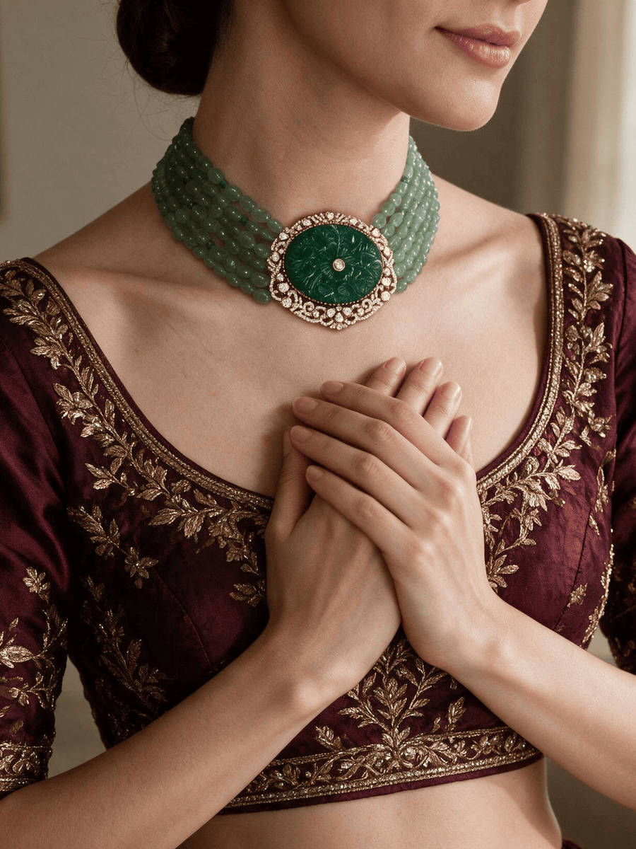 Jahnavi Emerald Polki Necklace Set