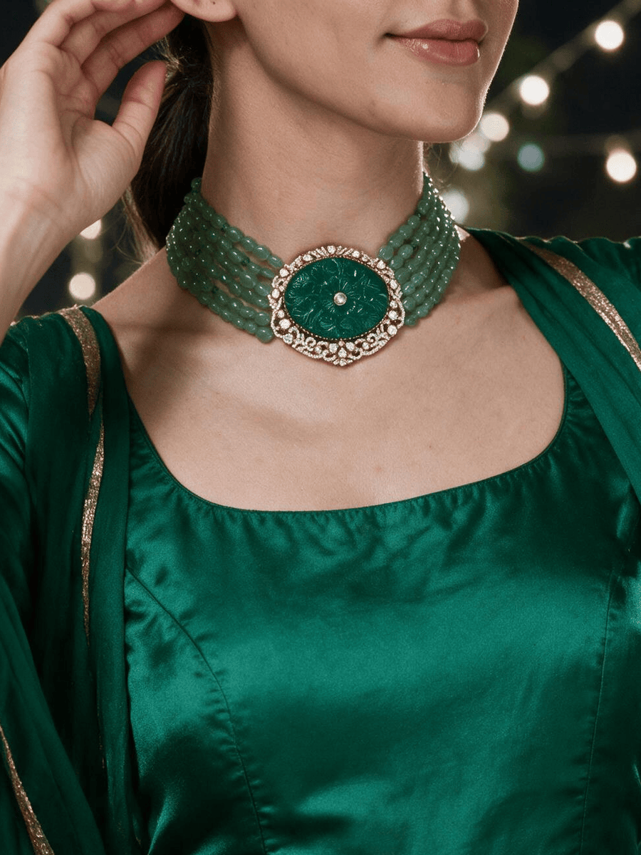 Jahnavi Emerald Polki Necklace Set