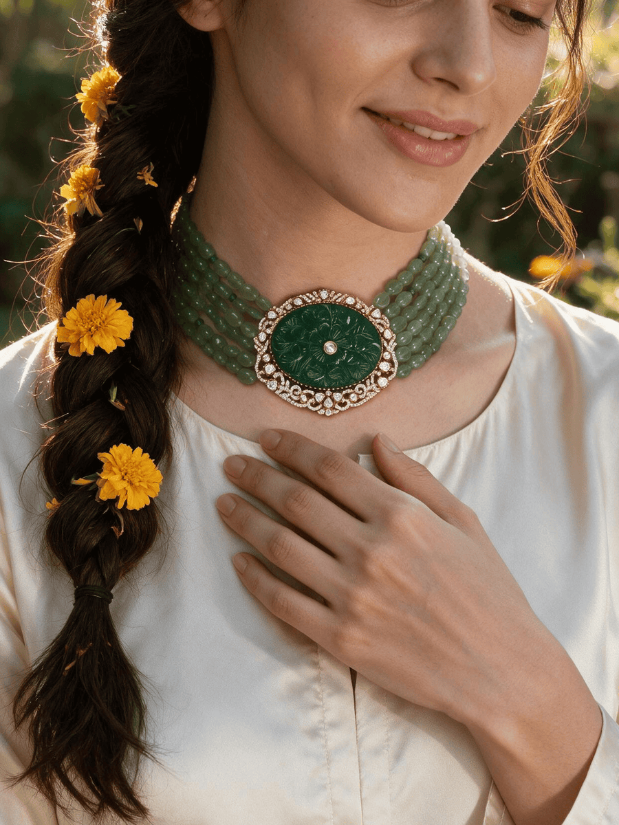 Jahnavi Emerald Polki Necklace Set