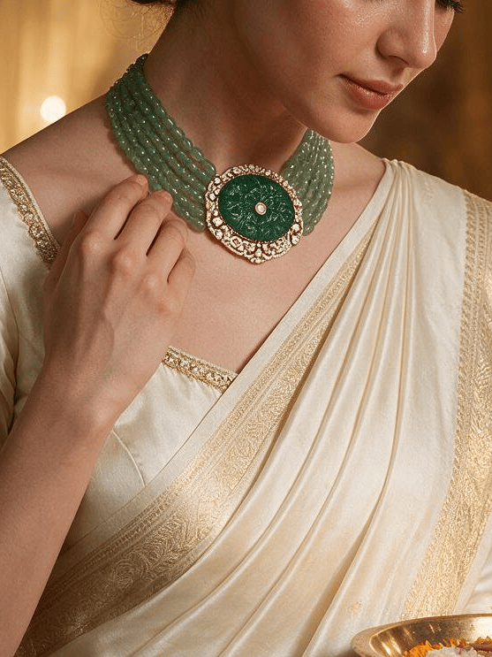 Jahnavi Emerald Polki Necklace Set