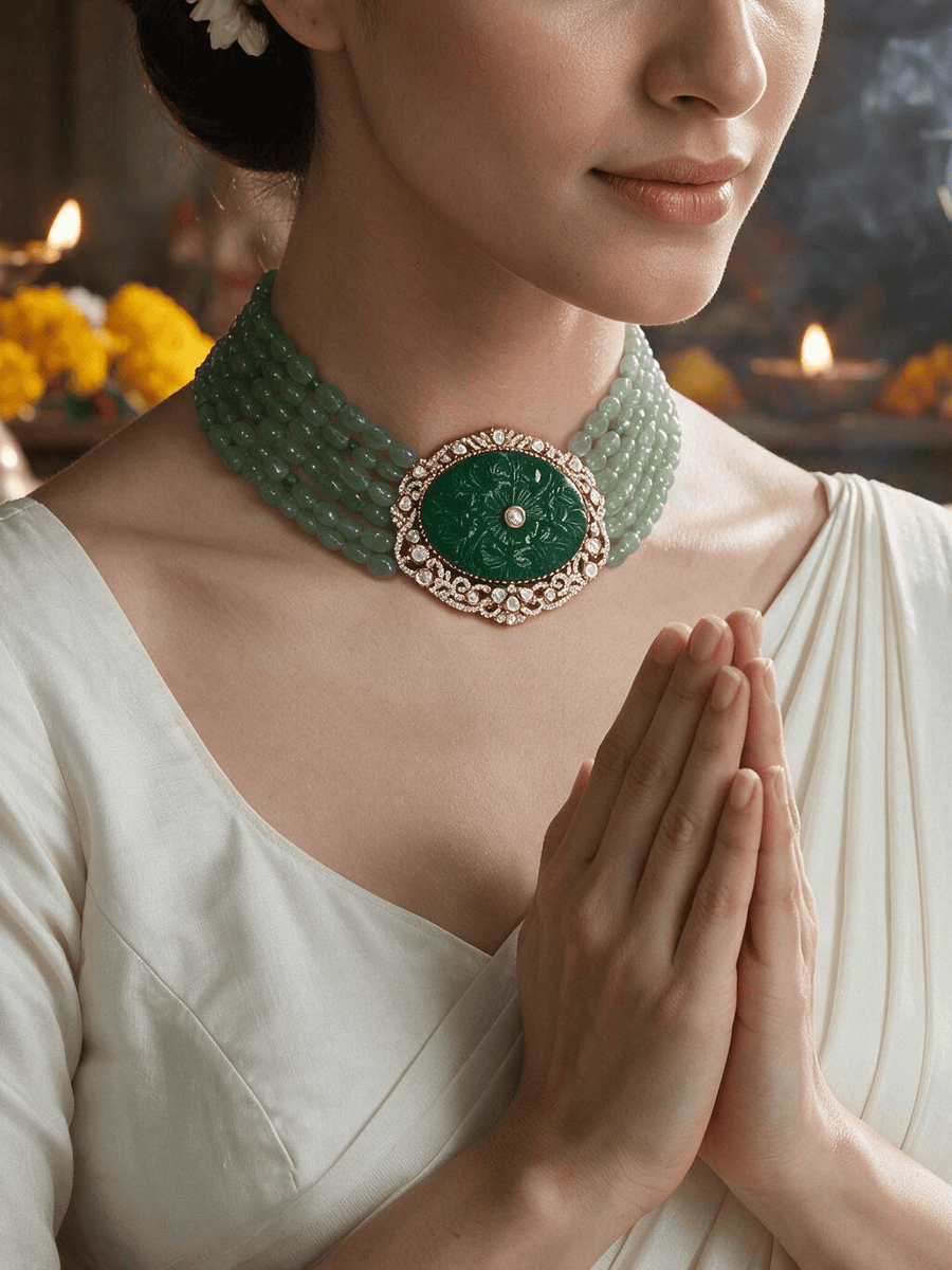 Jahnavi Emerald Polki Necklace Set