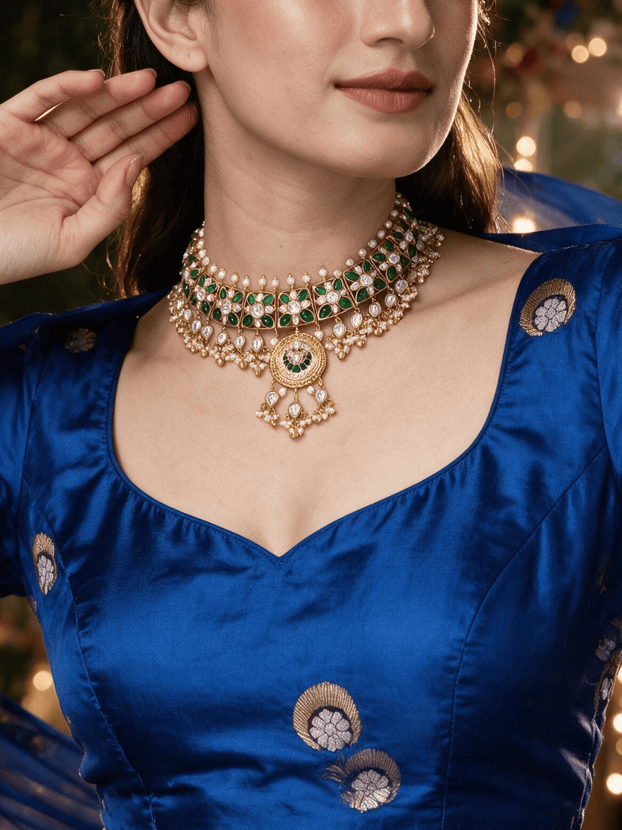 Green stone Kundan Necklace  Set with Pearl Drops