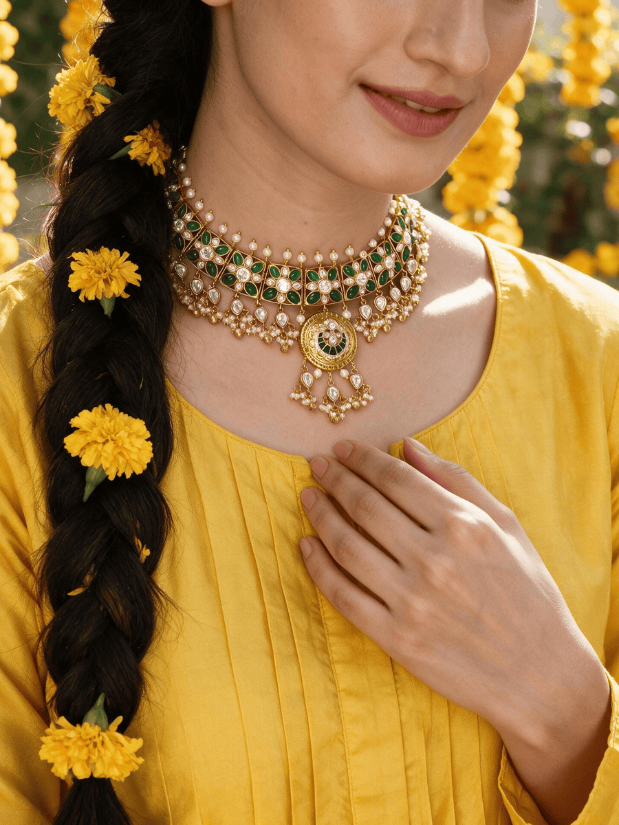 Green stone Kundan Necklace  Set with Pearl Drops