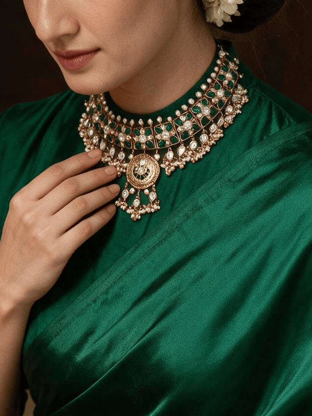 Green stone Kundan Necklace  Set with Pearl Drops