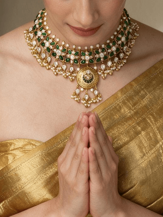 Green stone Kundan Necklace  Set with Pearl Drops