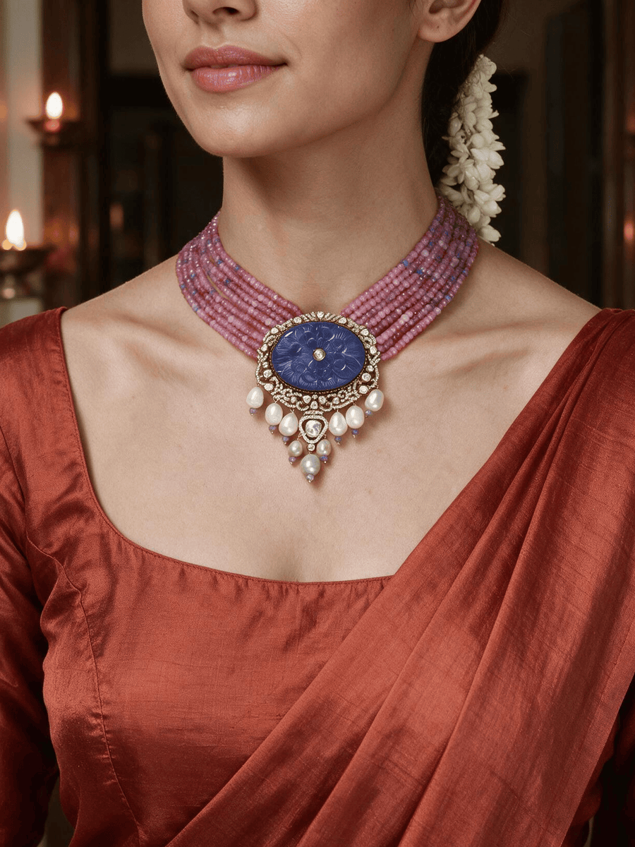 Lavender Bead & Lapis Lazuli Pendant Necklace Set
