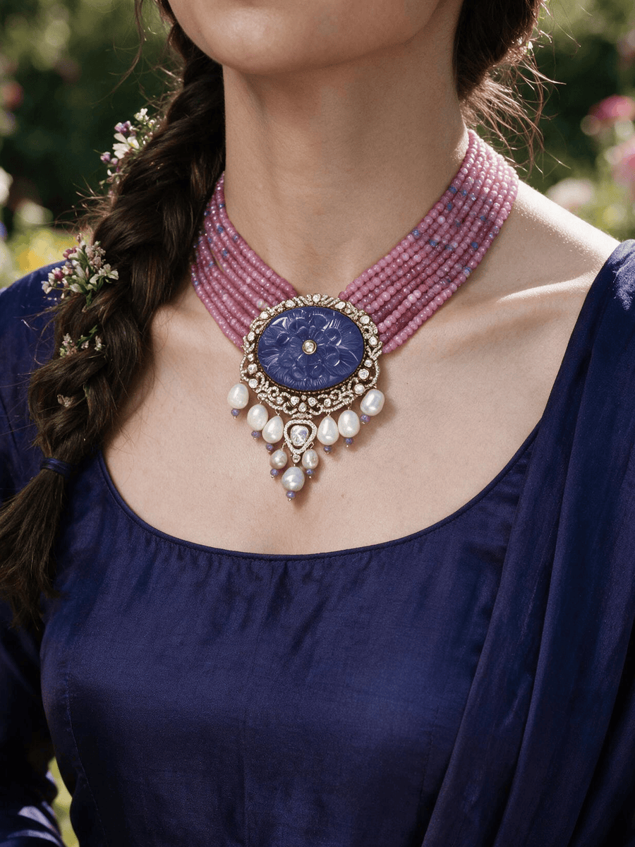 Lavender Bead & Lapis Lazuli Pendant Necklace Set