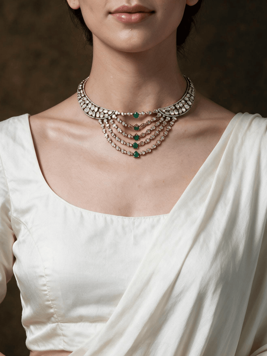 Emerald Cascade Polki &  stone Necklace