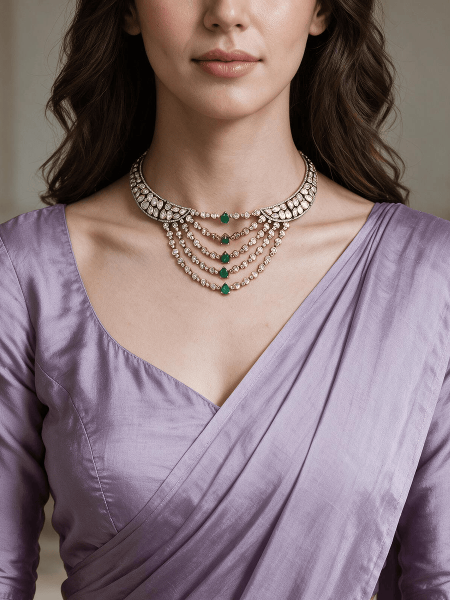 Emerald Cascade Polki &  stone Necklace