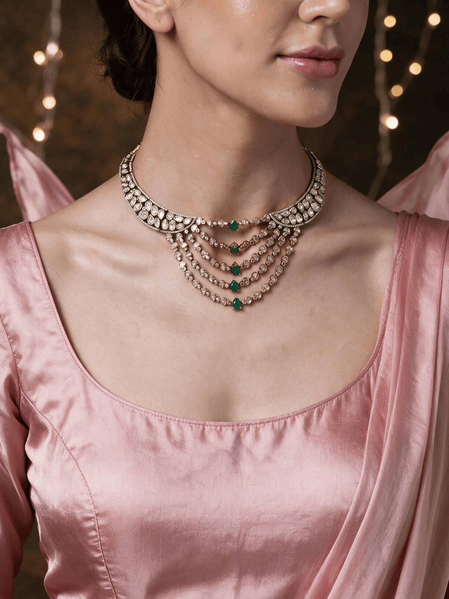 Emerald Cascade Polki &  stone Necklace