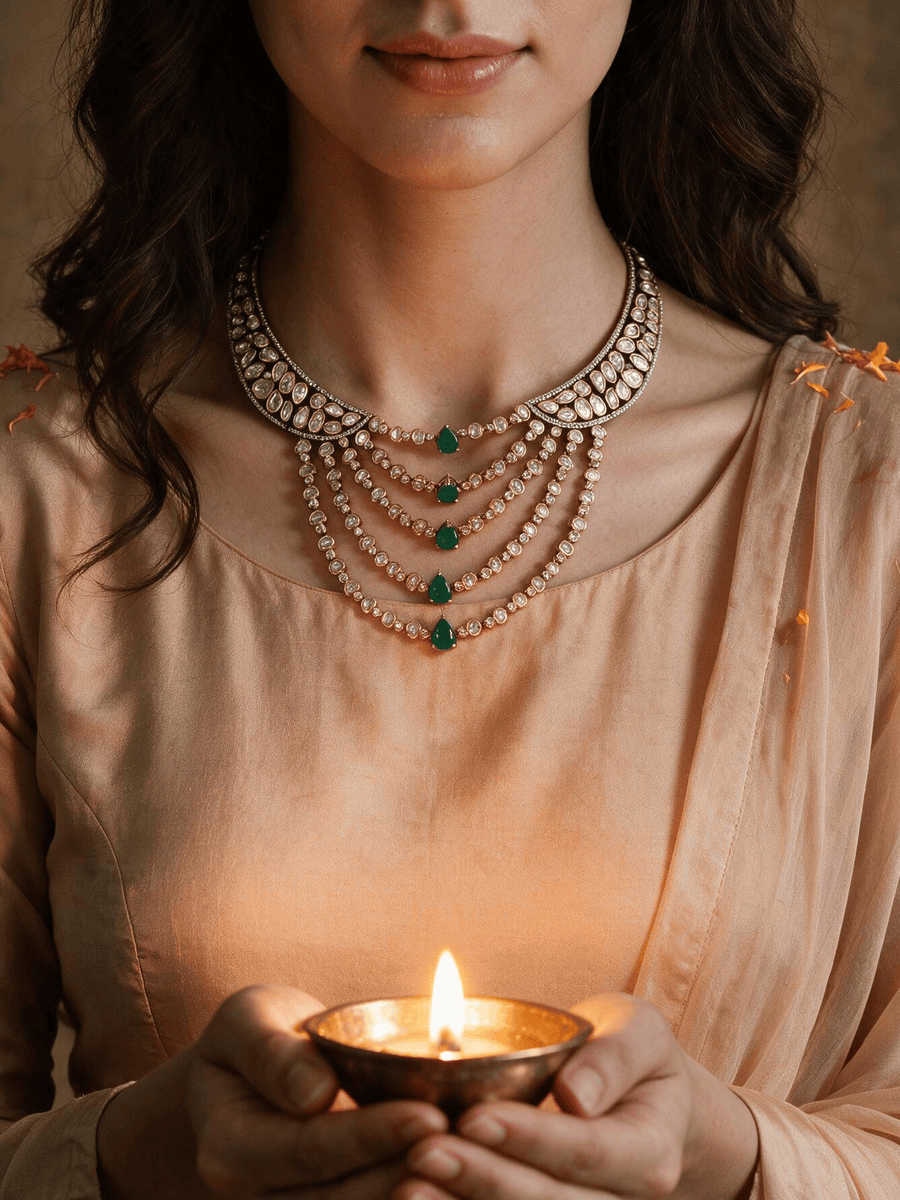 Emerald Cascade Polki &  stone Necklace